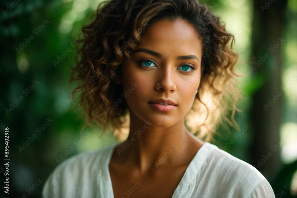 Naklejka premium mujer morena ojos celestes fondo verde abtracto