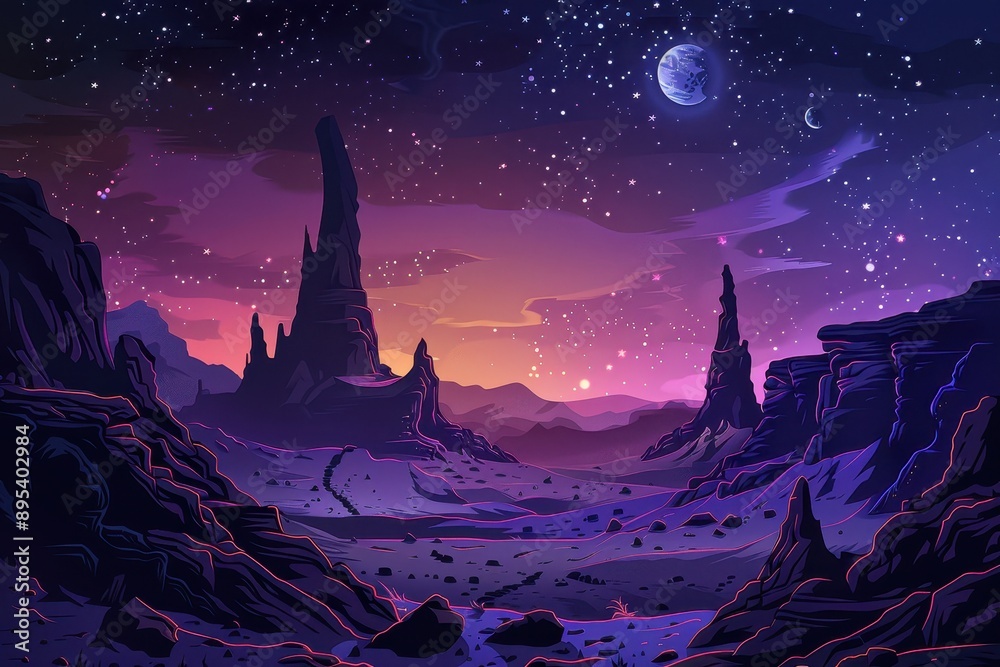 Mystical starry night landscape with rock formations in desert Mystical starry night landscape with rock formations in desert