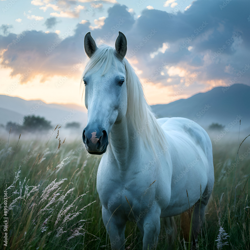 Naklejka premium White horse, captivating blue eyes, standing in serene meadow, dew-kissed grass, distant mountains, soft sunrise illuminating cloud wisps, ethereal glow, high-key photography, dramatic lighting, ultra