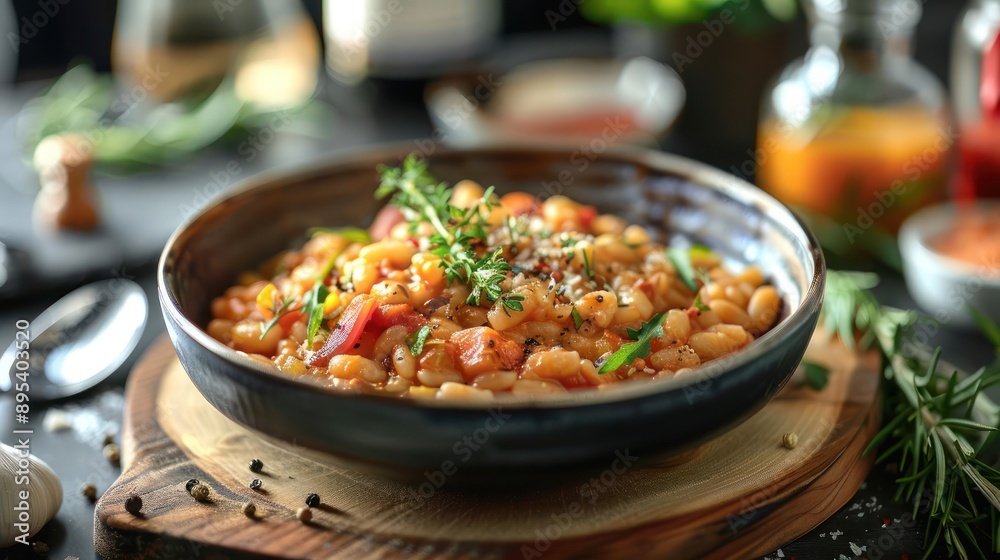 a bowl of food that is sitting on a wooden board a bowl of food that is sitting on a wooden board