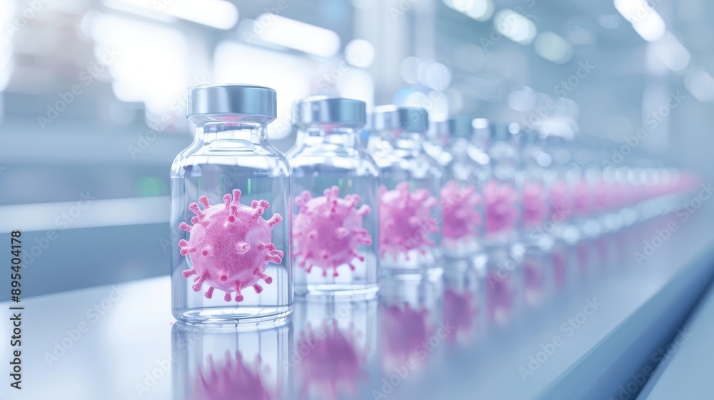 A row of pink vials with a virus in the middle A row of pink vials with a virus in the middle