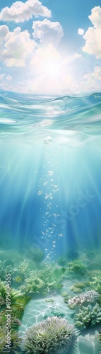 A beautiful underwater scene with a sun shining through the water © Whitefeather