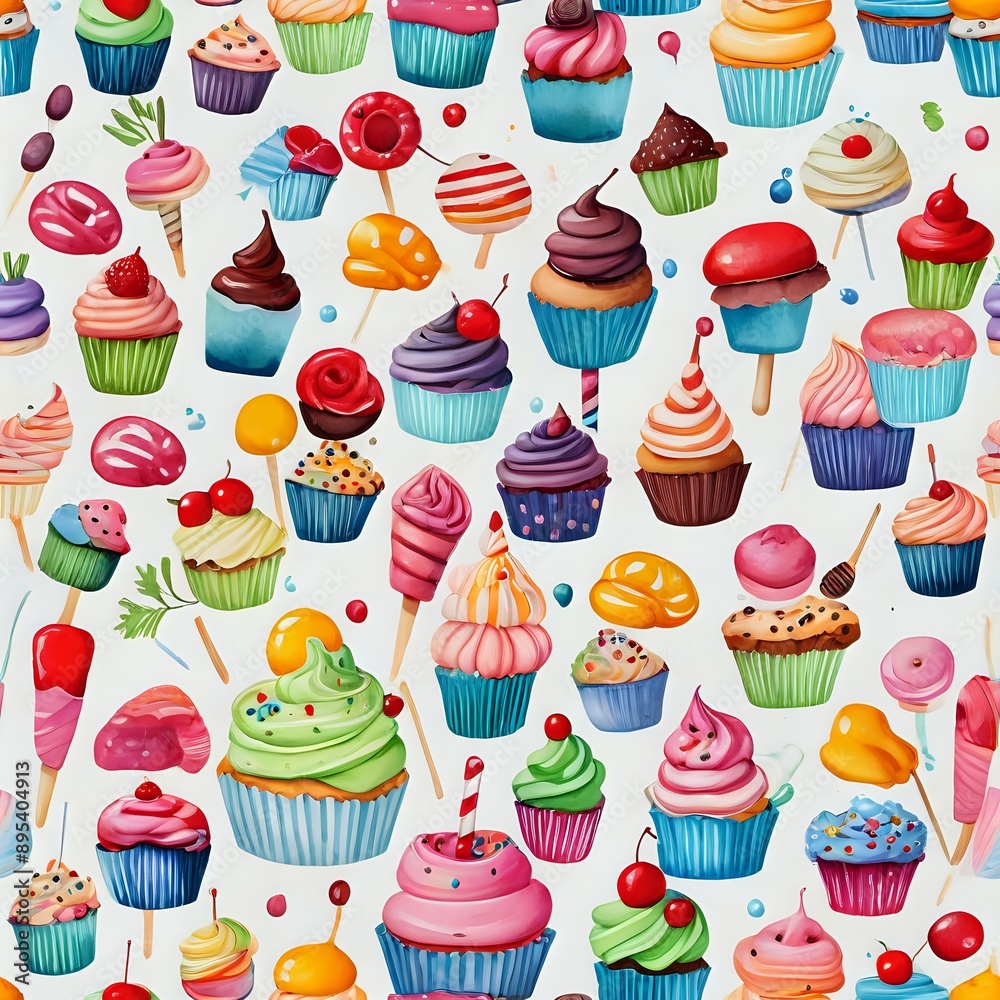 Colorful Seamless Pattern with Cupcakes, Candies, and Pastries Colorful Seamless Pattern with Cupcakes, Candies, and Pastries
