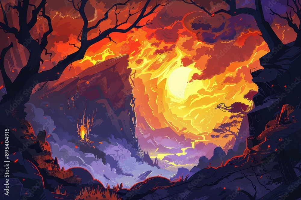 Mystical landscape with vibrant orange sky and purple fog