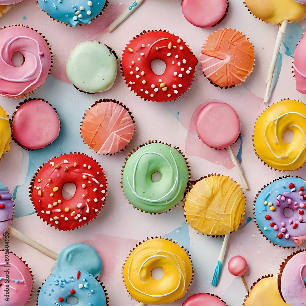 Colorful Cupcakes with Doughnut Icing: A Seamless Pattern of Sweet Treats Colorful Cupcakes with Doughnut Icing: A Seamless Pattern of Sweet Treats