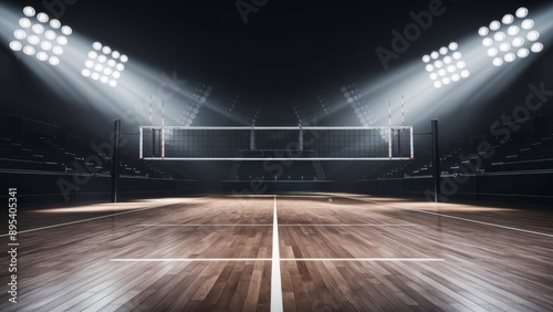 Empty professional volleyball court in lights 3d rendering photo