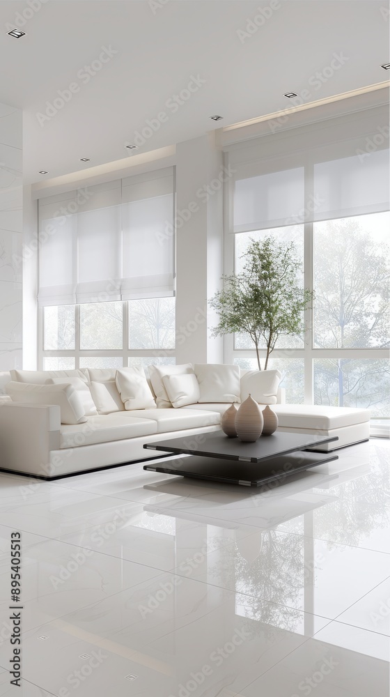 Fototapeta premium A white living room with a white couch and a black coffee table