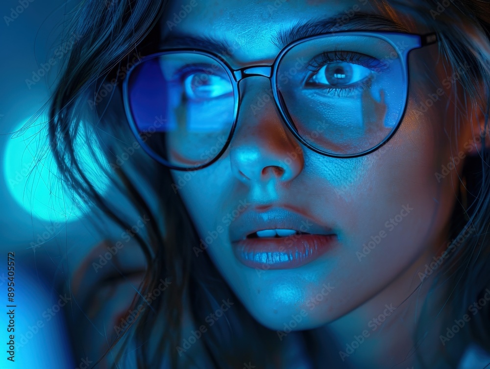 Close-up of a woman's face with glasses, illuminated by blue light, capturing an intense and focused expression. Close-up of a woman's face with glasses, illuminated by blue light, capturing an intense and focused expression.