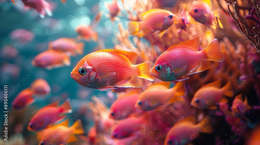 A large school of small, brightly pink fish swimming in unison. A large school of small, brightly pink fish swimming in unison.