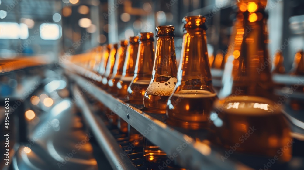 Amber beer bottles on a production line in a brewery, showcasing the bottling process and industrial setting. Amber beer bottles on a production line in a brewery, showcasing the bottling process and industrial setting.