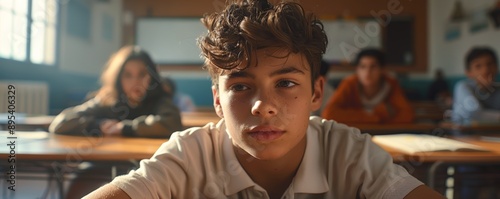 Thoughtful Teenage Student in Classroom with Classmates in Background During Daytime