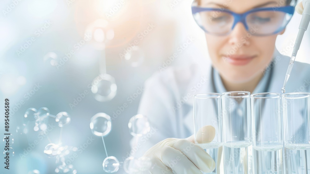 A woman in a lab coat is pouring water into three test tubes A woman in a lab coat is pouring water into three test tubes