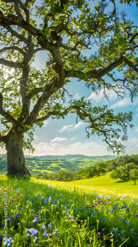 Peaceful Meadow with Ancient Oak Tree Under Clear Sky and Colorful Wildflowers