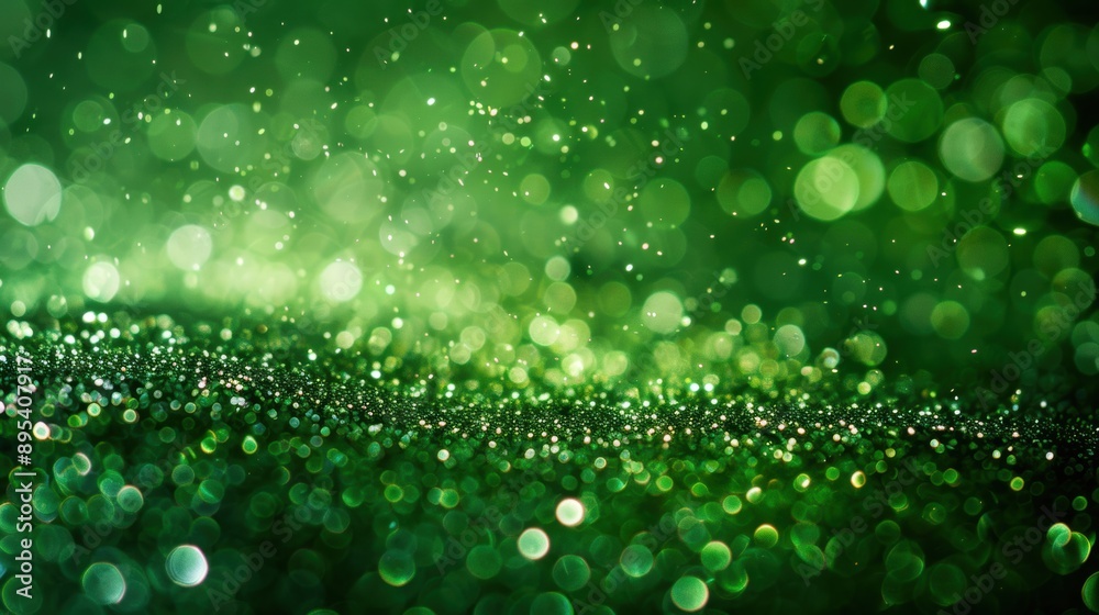 Close-up of green glitter sparkles creating a magical and festive atmosphere on a dark background, perfect for celebrations. Close-up of green glitter sparkles creating a magical and festive atmosphere on a dark background, perfect for celebrations.