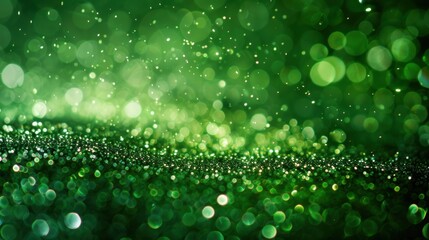 Close-up of green glitter sparkles creating a magical and festive atmosphere on a dark background, perfect for celebrations.