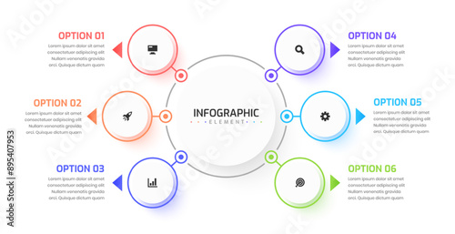 Flowchart Infographic with 6 Circle Label Connected to Main Circle, Suitable for Workflow, Presentation, Diagram, Chart