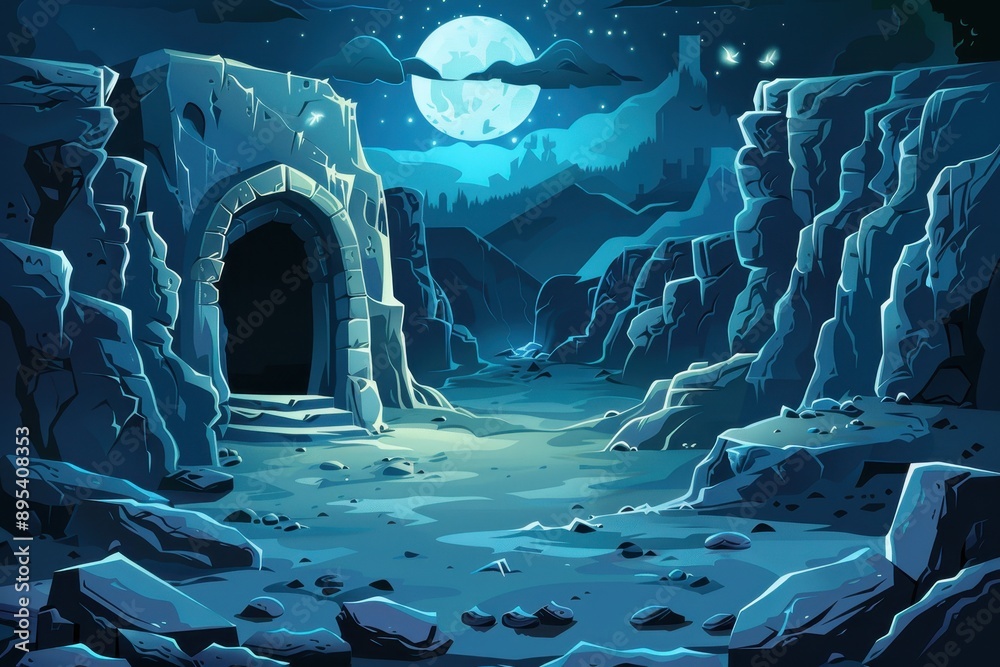 Fototapeta premium Mystical moonlight illuminates the entrance to a forgotten temple in a mystical mountain landscape