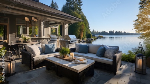 Beautiful outdoor patio with comfortable seating and fire pit overlooking the water in Washington state, USA. Blue sky, white fence and sofa set on an elegant deck of a home with blue pillows.