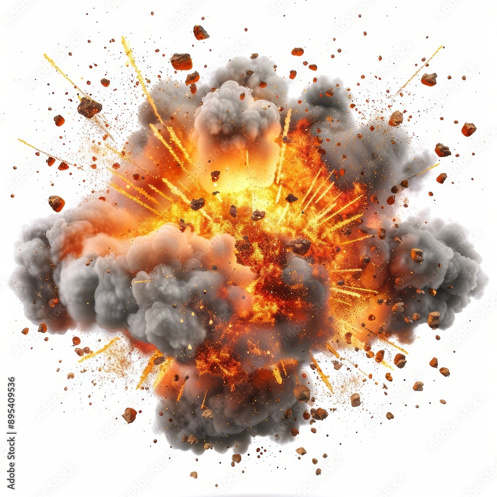 Dynamic Explosion with Fiery Blast and Debris in Mid-Air on White Background Dynamic Explosion with Fiery Blast and Debris in Mid-Air on White Background