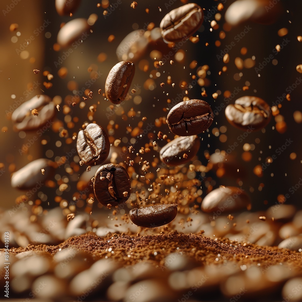 Dynamic Close-Up of Coffee Beans in Mid-Air with Ground Coffee Particles Dynamic Close-Up of Coffee Beans in Mid-Air with Ground Coffee Particles
