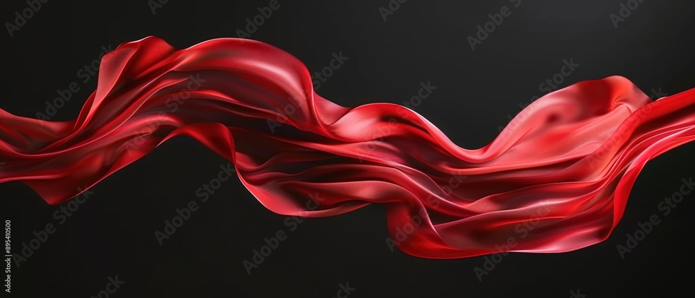 Fototapeta premium Red silk fabric floating in the air on a black background.