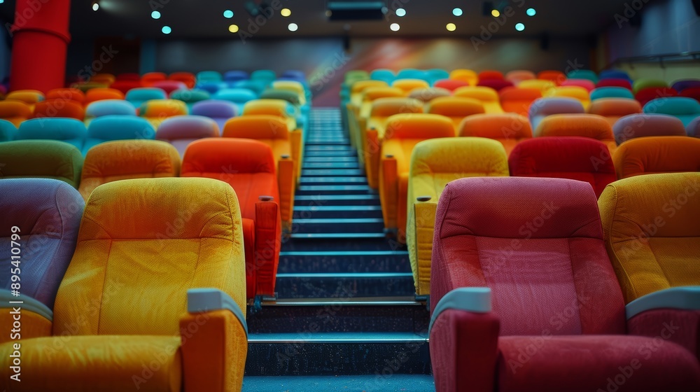 Colorful Empty Cinema Hall with Rows of Vibrant Seats and Ambient Lighting Colorful Empty Cinema Hall with Rows of Vibrant Seats and Ambient Lighting