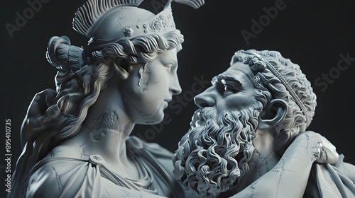 Sculpt a lifelike and emotive Grecian statue of classical deities Athena and Poseidon battling against one another, with each displaying their unique strengths and powers. Sculpting 