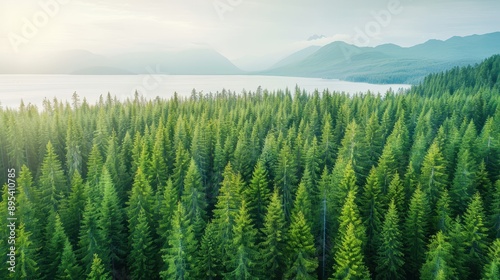 A forest with a lake in the background