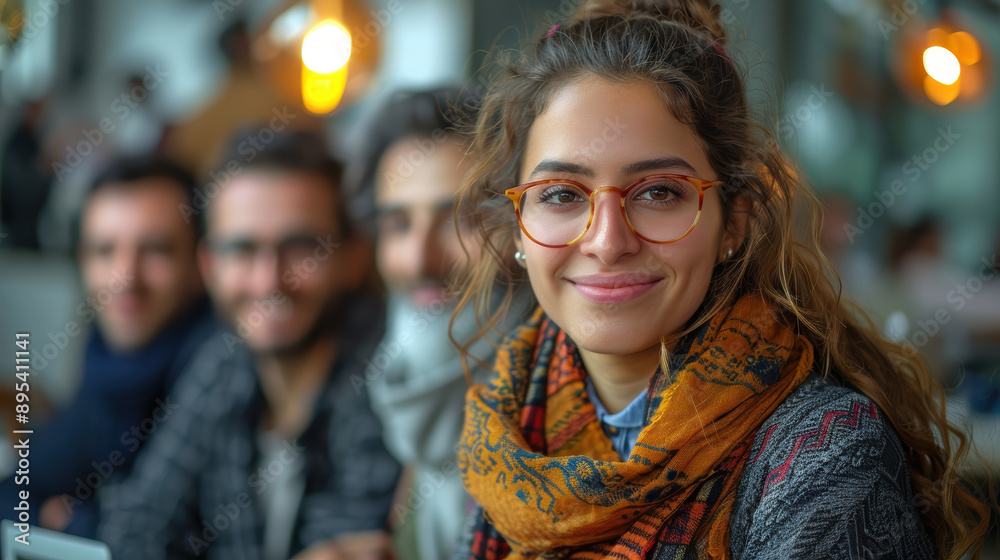 A woman with glasses and a scarf is smiling at the camera. Concept of warmth and friendliness, as the woman is enjoying her time with friends. The scarf adds a touch of color and style to her outfit A woman with glasses and a scarf is smiling at the camera. Concept of warmth and friendliness, as the woman is enjoying her time with friends. The scarf adds a touch of color and style to her outfit