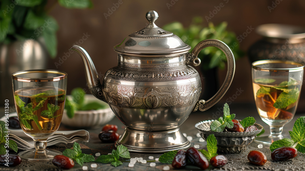 A silver tea pot with mint leaves and a glass of tea sits on a table with a bowl of dried fruit A silver tea pot with mint leaves and a glass of tea sits on a table with a bowl of dried fruit