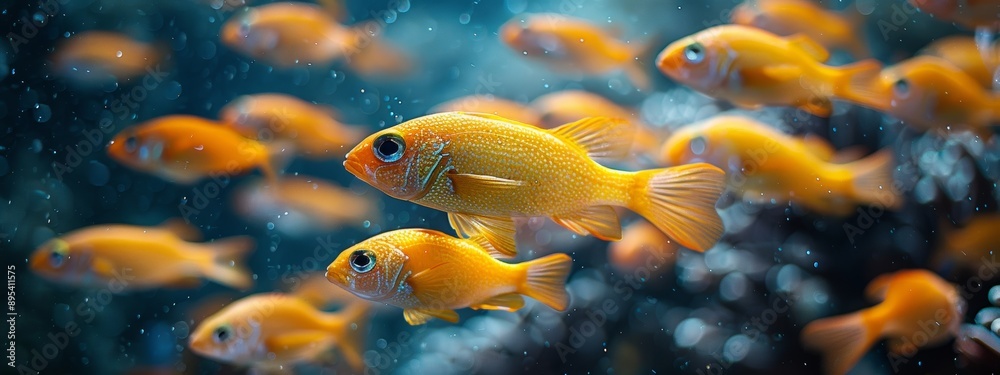A large school of small, brightly yellow fish swimming in unison. A large school of small, brightly yellow fish swimming in unison.