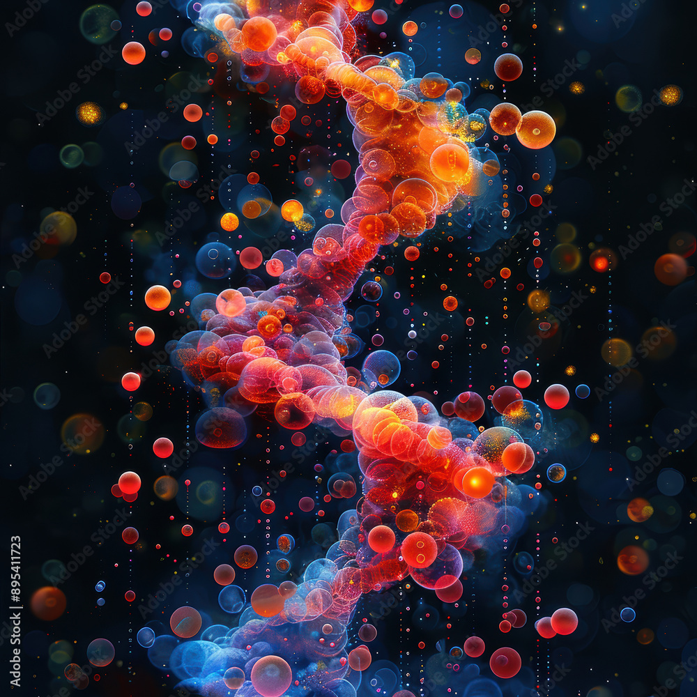 A colorful image of DNA with red and blue spheres. The image is abstract and has a dreamy, surreal feel to it A colorful image of DNA with red and blue spheres. The image is abstract and has a dreamy, surreal feel to it