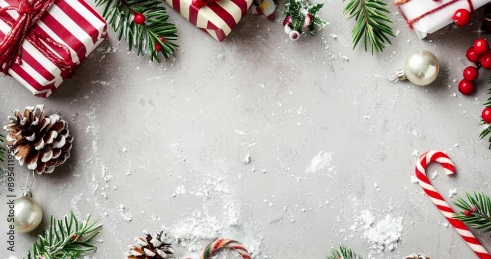 Christmas background with red and white wrapping paper, gifts, pine cones, holly berries, christmas decorations, on light grey stone table, flat lay, top view