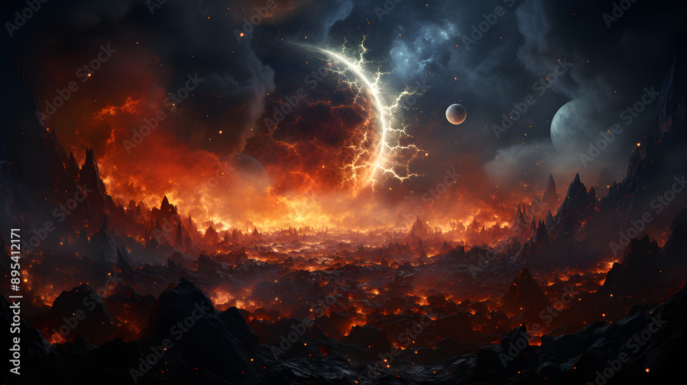 A fiery, apocalyptic landscape with a glowing crescent moon in the background. The surface is made of rugged, rocky mountains with lava flowing throughout. A fiery, apocalyptic landscape with a glowing crescent moon in the background. The surface is made of rugged, rocky mountains with lava flowing throughout.