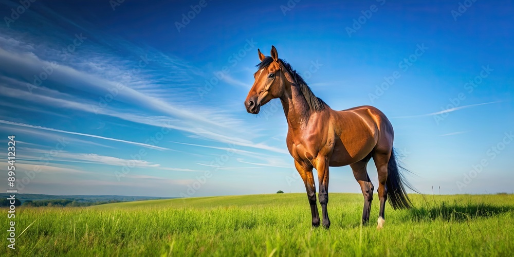 Majestic brown horse standing in a green field under a clear blue sky, horse, animal, equine, mammal, nature, pasture, farm, ranch Majestic brown horse standing in a green field under a clear blue sky, horse, animal, equine, mammal, nature, pasture, farm, ranch