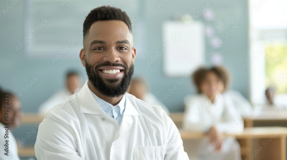 A man in a white lab coat is smiling and posing for a picture A man in a white lab coat is smiling and posing for a picture