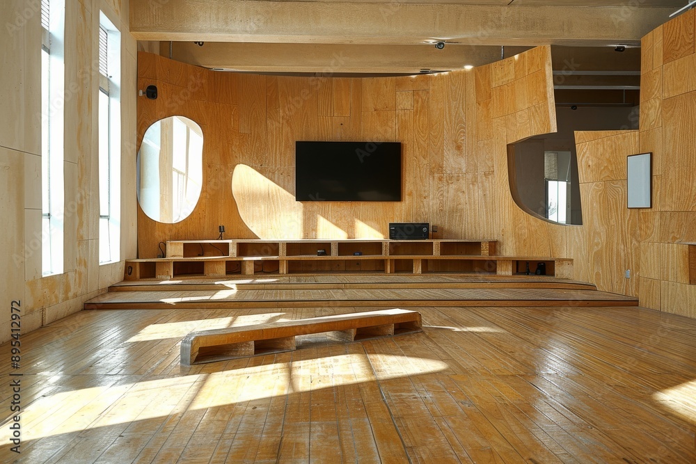 Interior of a conference room with wooden walls and wooden floor.