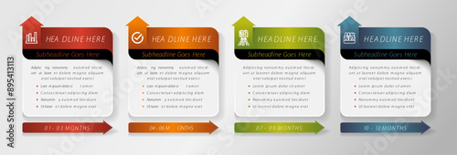 Presentation business infographic template with 4 options, up arrow for icon place. risk management infographic concept for slide presentation with rectangle arrow on bottom side with 4 point list