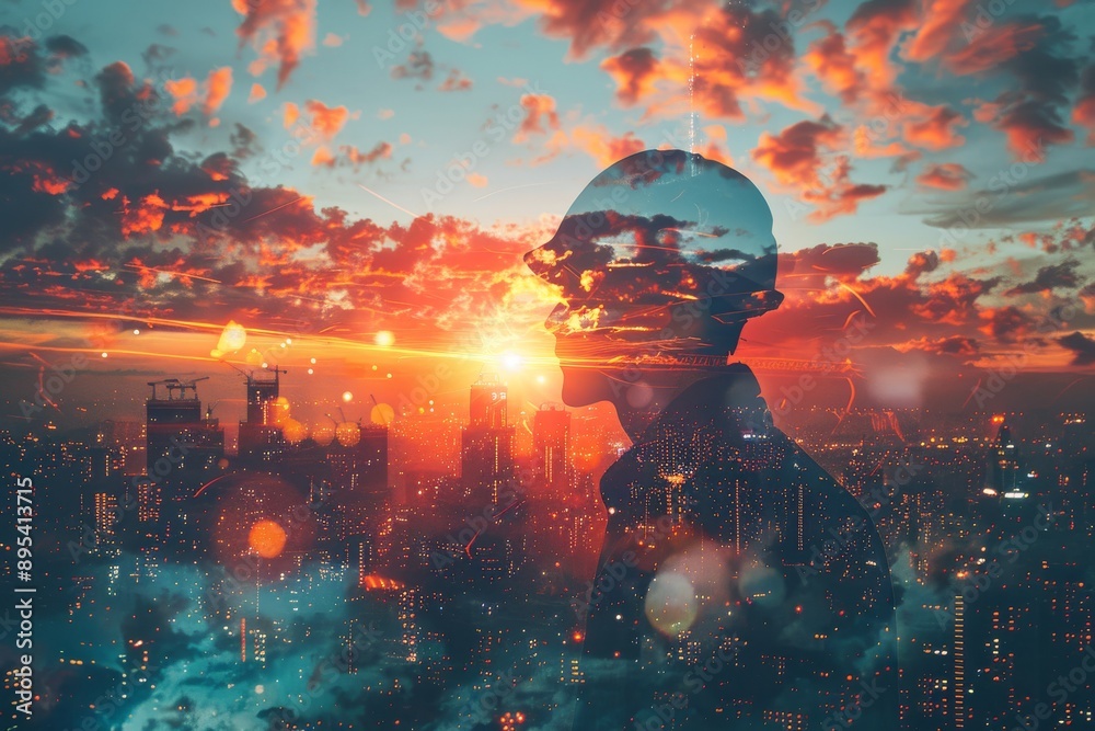 Double exposure of a downtown city and Industrial Worker Double exposure of a downtown city and Industrial Worker