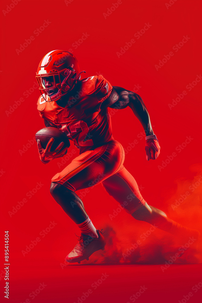 Close-up portrait of a determined american football athlete in intense action on a vibrant red background, showcasing the passion and grit of the game. Close-up portrait of a determined american football athlete in intense action on a vibrant red background, showcasing the passion and grit of the game.