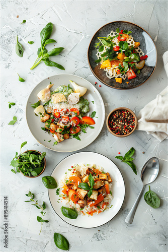 Vegetarian plates of food are placed on a bright and clean table. Top shot