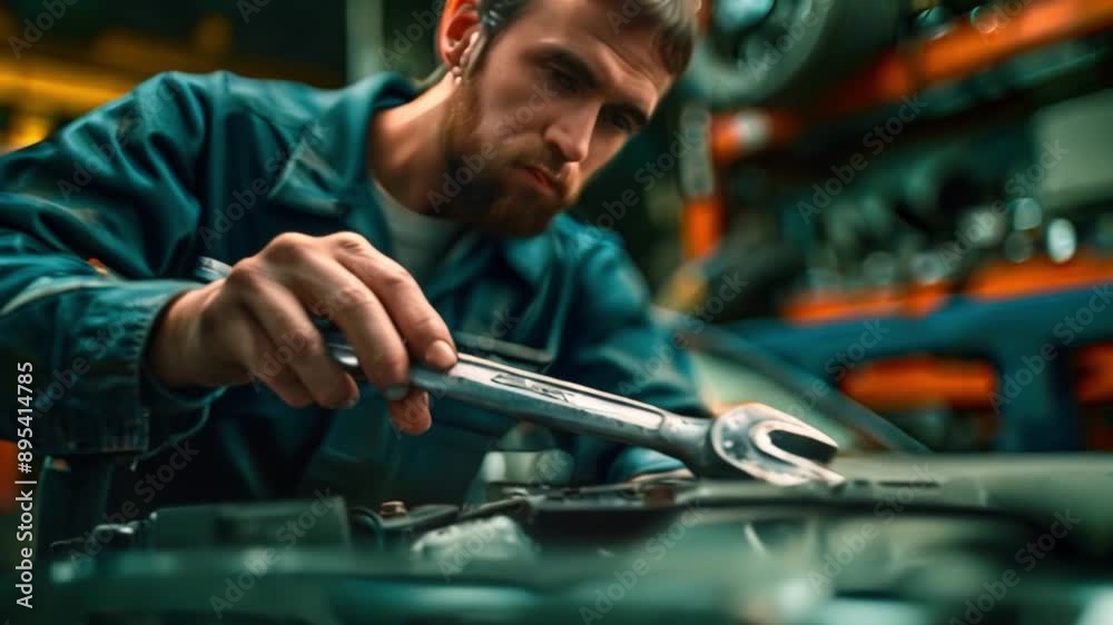Auto repair shop: a close-up of a mechanic hand-picking the engine of a car. Concepts of auto repair and maintenance