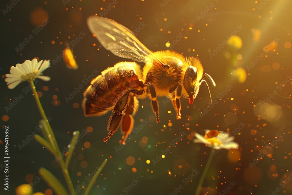 Naklejka premium A hardworking bee collects nectar on a flower. Beekeeping development concept. 
