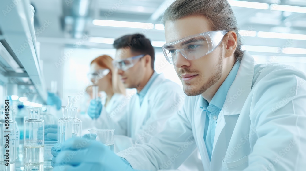 A man in a lab coat is wearing safety goggles and looking at a beaker A man in a lab coat is wearing safety goggles and looking at a beaker