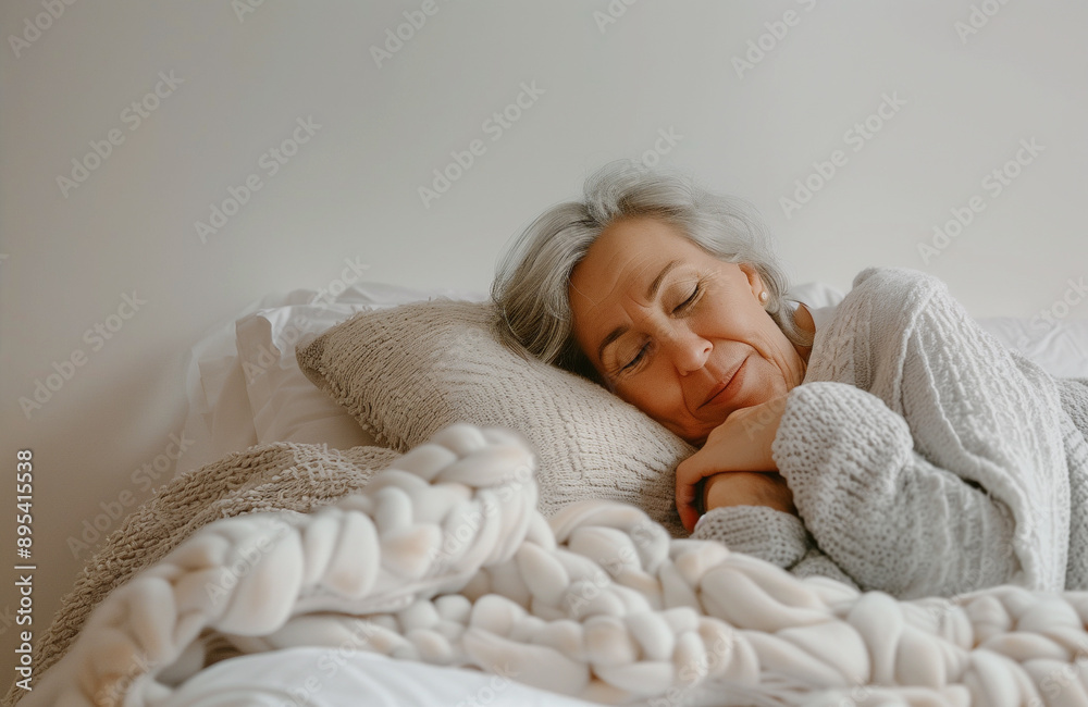 Senior woman peacefully sleeping in a comfortable white bed with a soft blanket, providing a serene and calm atmosphere. Copy space available for text. Senior woman peacefully sleeping in a comfortable white bed with a soft blanket, providing a serene and calm atmosphere. Copy space available for text.