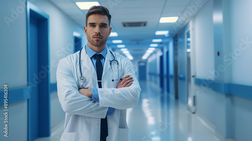 Portrait of a young male doctor his arms 