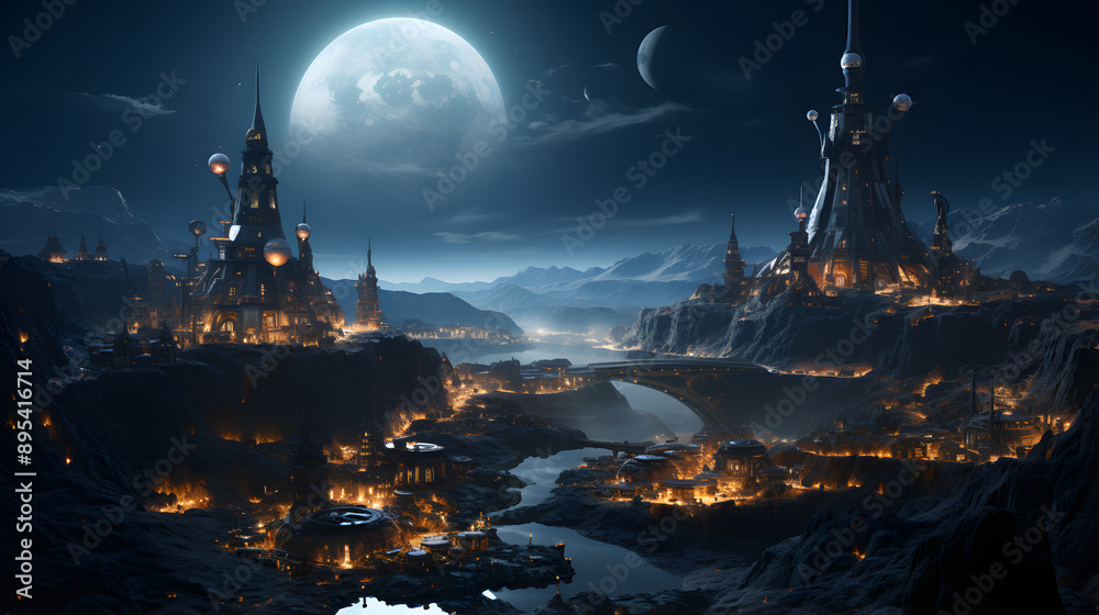 A futuristic city with tall, intricate towers stands on a dark rocky landscape illuminated by the light of the moon. A futuristic city with tall, intricate towers stands on a dark rocky landscape illuminated by the light of the moon.