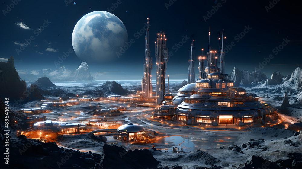 A futuristic city on a desolate alien planet with glowing buildings and a large planet in the distance. A futuristic city on a desolate alien planet with glowing buildings and a large planet in the distance.