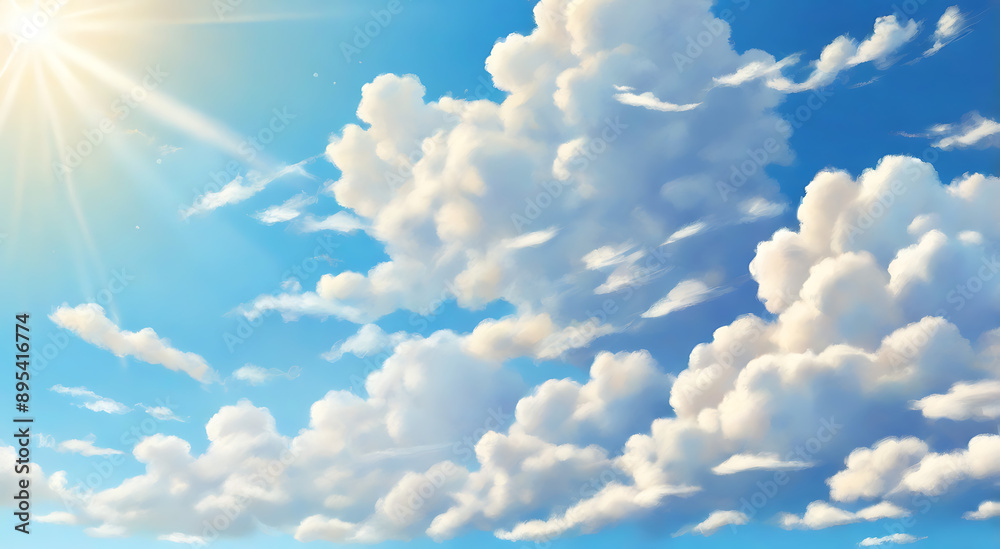 Fototapeta premium A cheerful illustration of a sunny day with a clear blue sky, bright sunshine, and fluffy white clouds, with space for text.