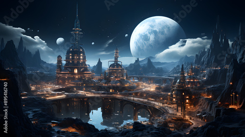 A futuristic city with a towering structure stands against a backdrop of a massive moon and craggy mountains under a night sky. The city is illuminated by glowing lights. 